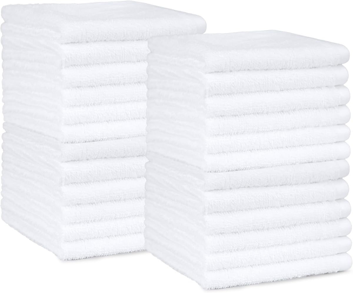 Amazon Basics Fast Drying Cotton Washcloths for Bathroom, Machine Washable, Soft and Highly Absorbent, 12 x 12 in, White, 24-Pack