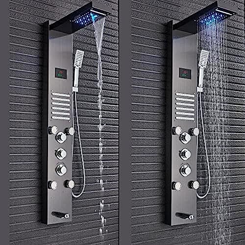Sistema de Columna de Ducha con Panel LED, Resistente al Agua, con Chorros de Masaje y Acabado en Acero Inoxidable Cepillado en Negro miniatura 1