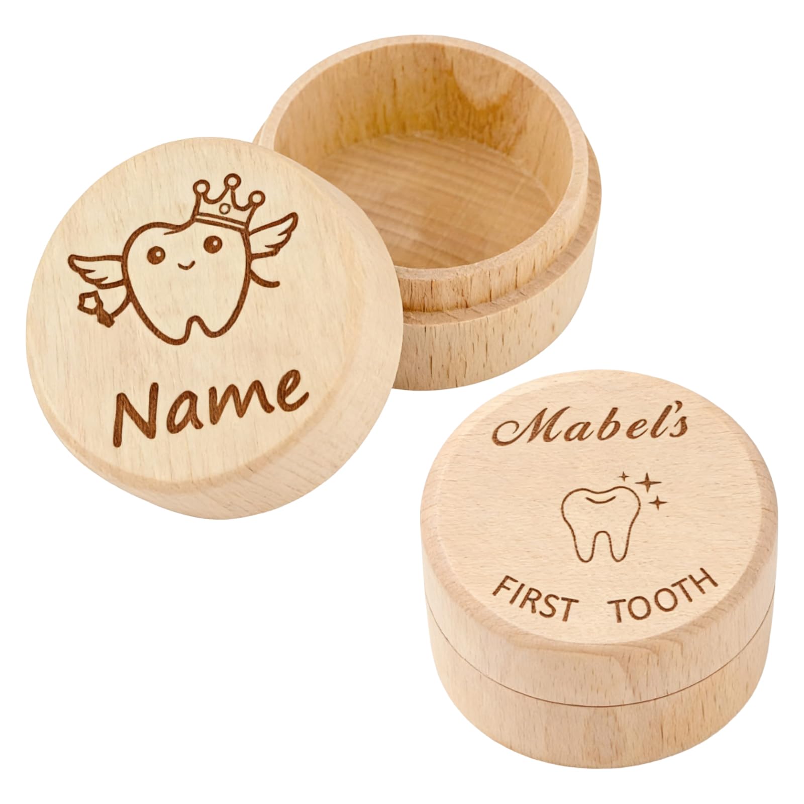Soomuct 2PCS Tooth Fairy Box, Tooth Box, 3D Engraved Commemorative Wooden Boxes, for Kids with Storage Bag Gift.