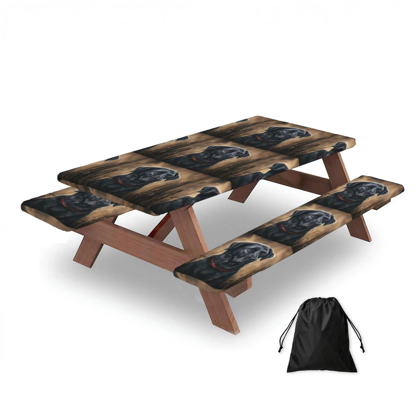 Dopklna As Picture Black Labrador, Picnic Table Cover With Bench Covers -Waterproof Elastic Fitted Tablecloth For Garden Camping Patio 76X152cm