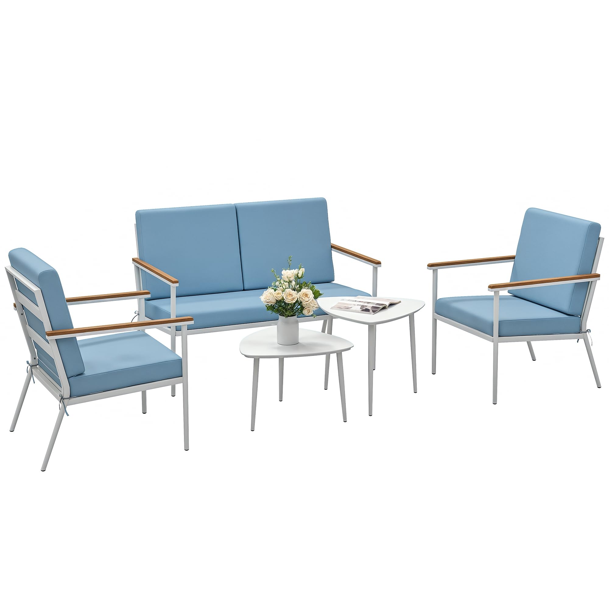 Outsunny Set Salotto da Giardino 5 Pezzi con Divanetto 2 Posti, Poltrone e Tavolino in Vetro, Azzurro