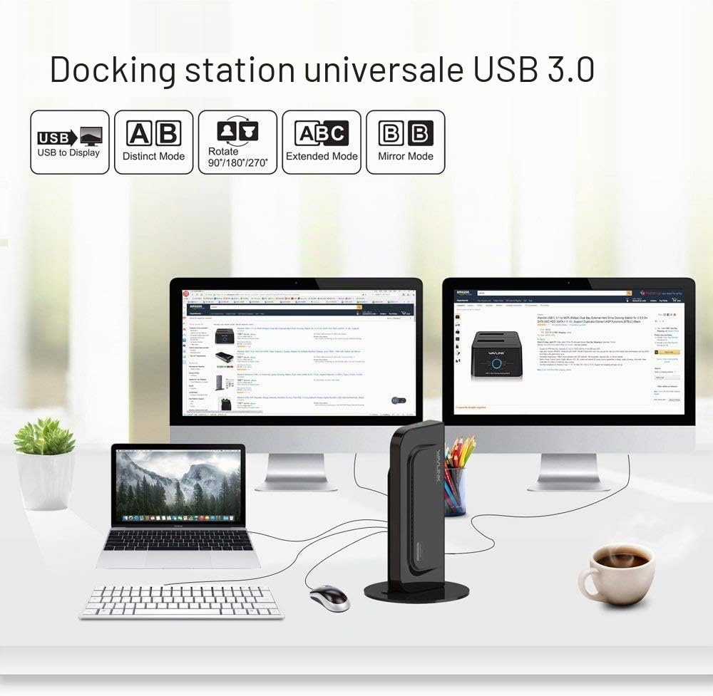 WAVLINK docking station universale USB 3.0 con supporto rimovibile, Dual Display con porta HDMI/DVI/VGA, 2 USB 3.0 + 4 USB 2.0 e jack audio, per Mac e Windows, Compatibile con nuovo MacBook Neo
