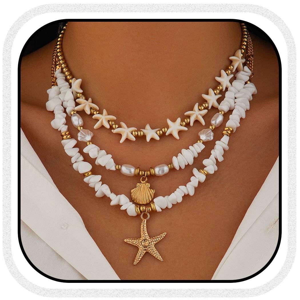 Set Collana Conchiglie E Fermagli Stella Marina - Gioielli Stile Bohemien Per Estate - Regolabile E Naturale Per Look Marino