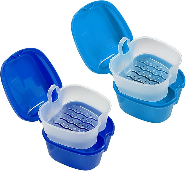 2 Pieces Plastic Denture Storage Boxes (Dark Blue and Light Blue), Braces Cleaning Storage Box, Denture Care Bath Box with Filter for Soak Cleaning and Fixing Protection of Dentures