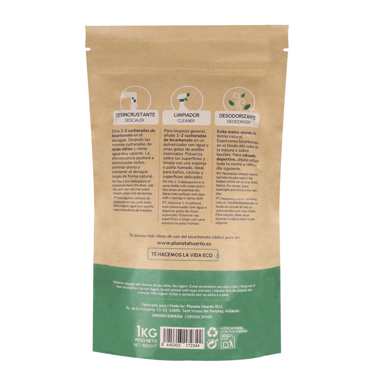 PLANETA HUERTO | Pack 6x Bicarbonato Sódico 1 Kg - Limpiador Ecológico Multiusos, Desodorante y Abrillantador Natural