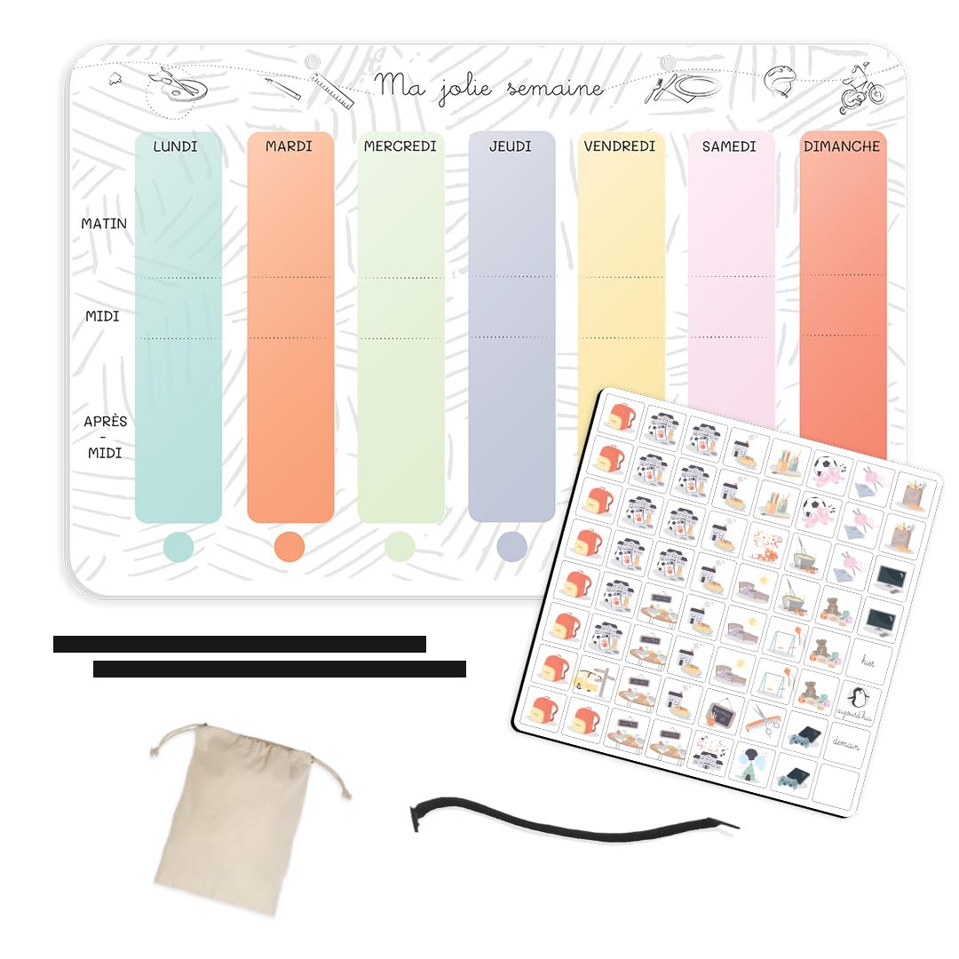 L’atelier gigogne- Semainier enfant-Calendrier Éducatif Montessori 3-8ans-1 plateau magnétique-64 magnets-Routine-planificateur semaine- organisateur -Fabriqué en France-SEMA