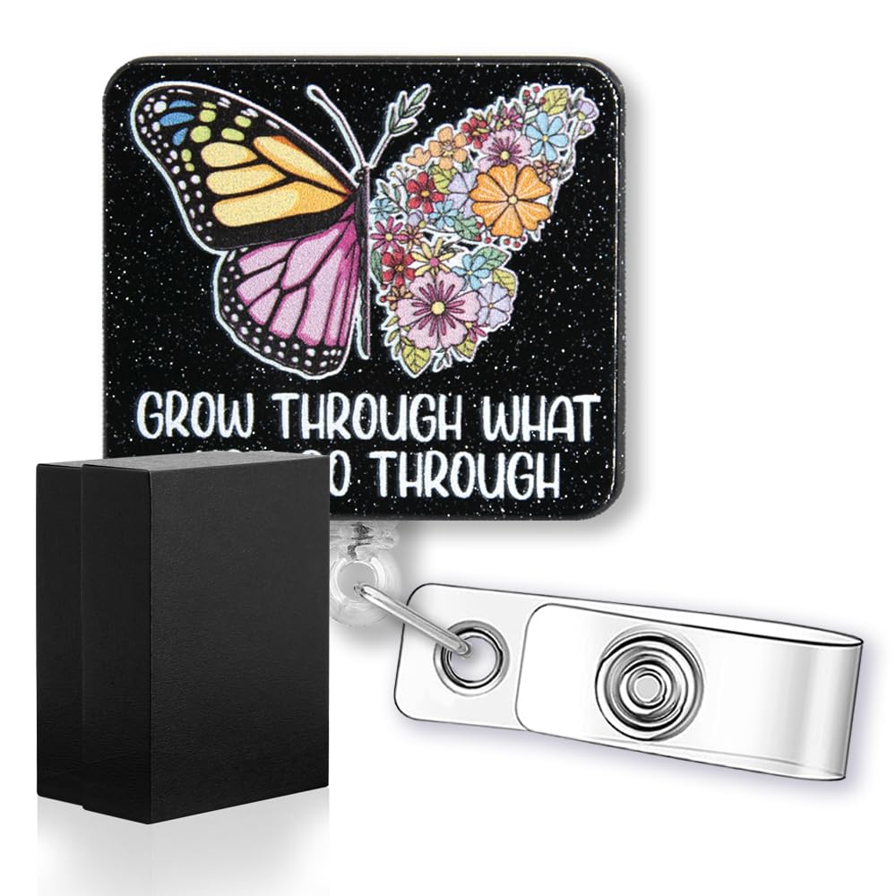 rofiowa Grow Through What You Go Through Funny Glitter Butterfly Badge Reel, Retractable Badge Holder for Psychotherapist, Mental Health Gift for