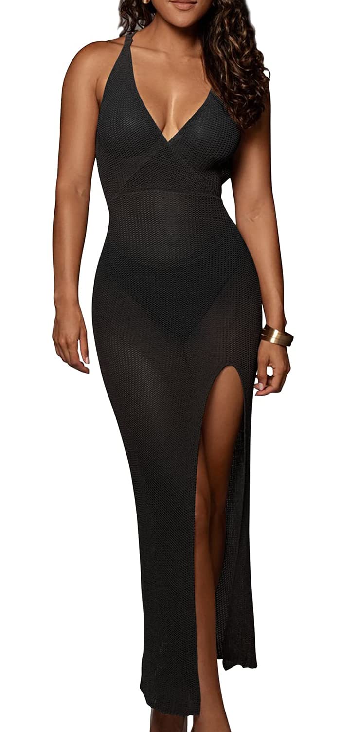 NLAND Vestido de Playa de Las Mujeres de Punto sin Espalda Bikini Cover Up Playa de Verano con Cuello en V de Largo