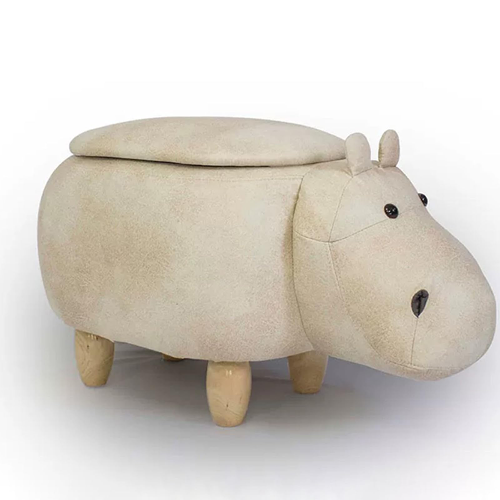 HM-CW-B: Large Wooden Hippo Ottoman Foot Stool - Faux Leather, Padded Seat, Storage for Living Room & Bedroom