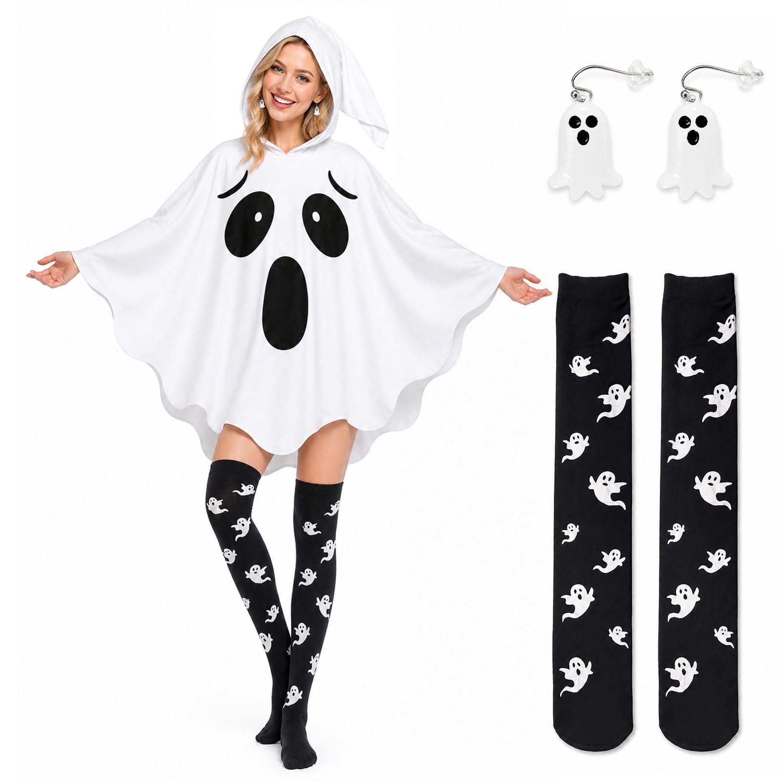 AuSletie Halloween Costumes Adult Women, Halloween Ghost Cape with Hood, White Ghost Earrings and Socks for Adults Horror Cosplay