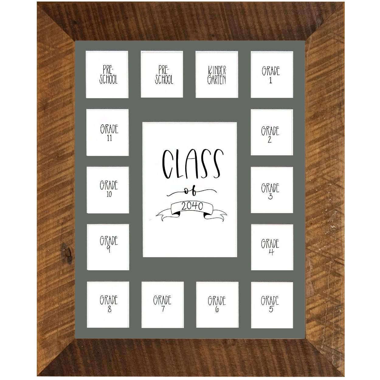 Rustic Red Door Co. School Years Reclaimed Wood Picture Frame with Mat - 11x14 Wooden Framed 15 Photo Collage Mat Pre-School &amp; Kindergarten to 12th Grade High School Graduation (Class of 2040, Grey)
