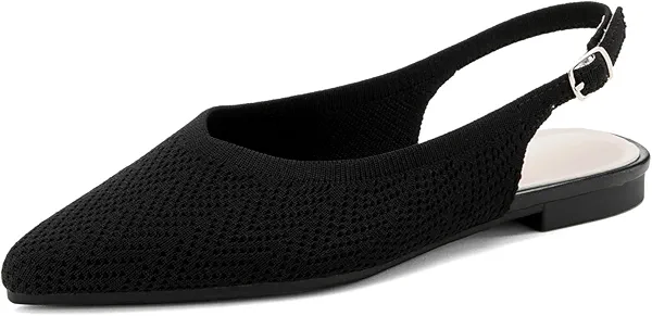 AHZEHRSE Slingback Ballet Flats for Women Pointed Toe Adjustable Buckle Strap Flats Comfortable Dressy Flats for Work & Party Knit Slip On Shoes Black