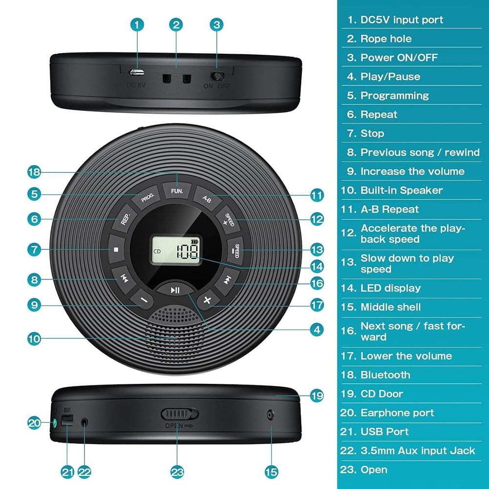 Trasmettitore FM 1500MAH Bluetooth CD Player con Cuffie AUX USB Anti-Skip Discman Portatile per Auto