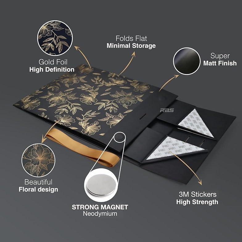 Image of RBS-Medium Black Magnet Gift Box 26x26x10cm Decorative Floral Gift Boxes for Presents (1 Pack) Box for Gift Packing Multipurpose Cardboard Box for Gift (Black Gold Floral MGT)