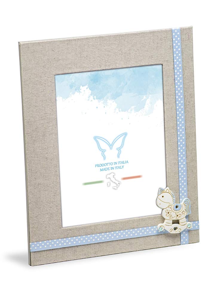 Table Photo Frame for Children cm 20x23,5 in Linen Fabric with Light Blue Decorations, Wooden Back Frame, Photo Size cm 13x18. Gift idea.