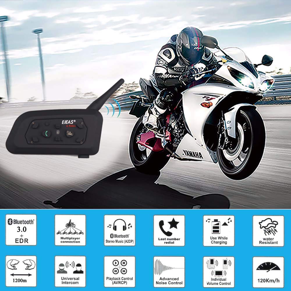 QSPORTPEAK V6 Moto Bluetooth Casco Intercomunicador Intercomunicador Auricular, dúplex Completo Moto inalámbrico Interfono Conecte hasta 6 pasajeros, Radio FM/GPS / MP4 / 1200M(1 Pieza Cable Duro)