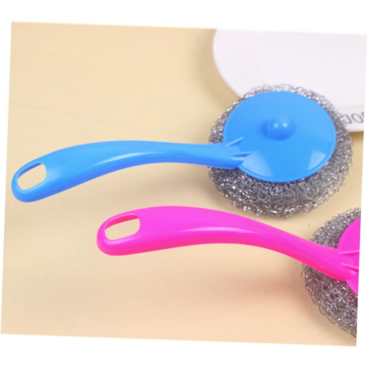 NOLITOY 12Pcs Long Handle Metal Scouring Pads Durable Steel Ball Scrubber for Kitchen Cleaning BBQ Grills and Oven Pans Random Color Utensil Brush for Easy Grease Removal