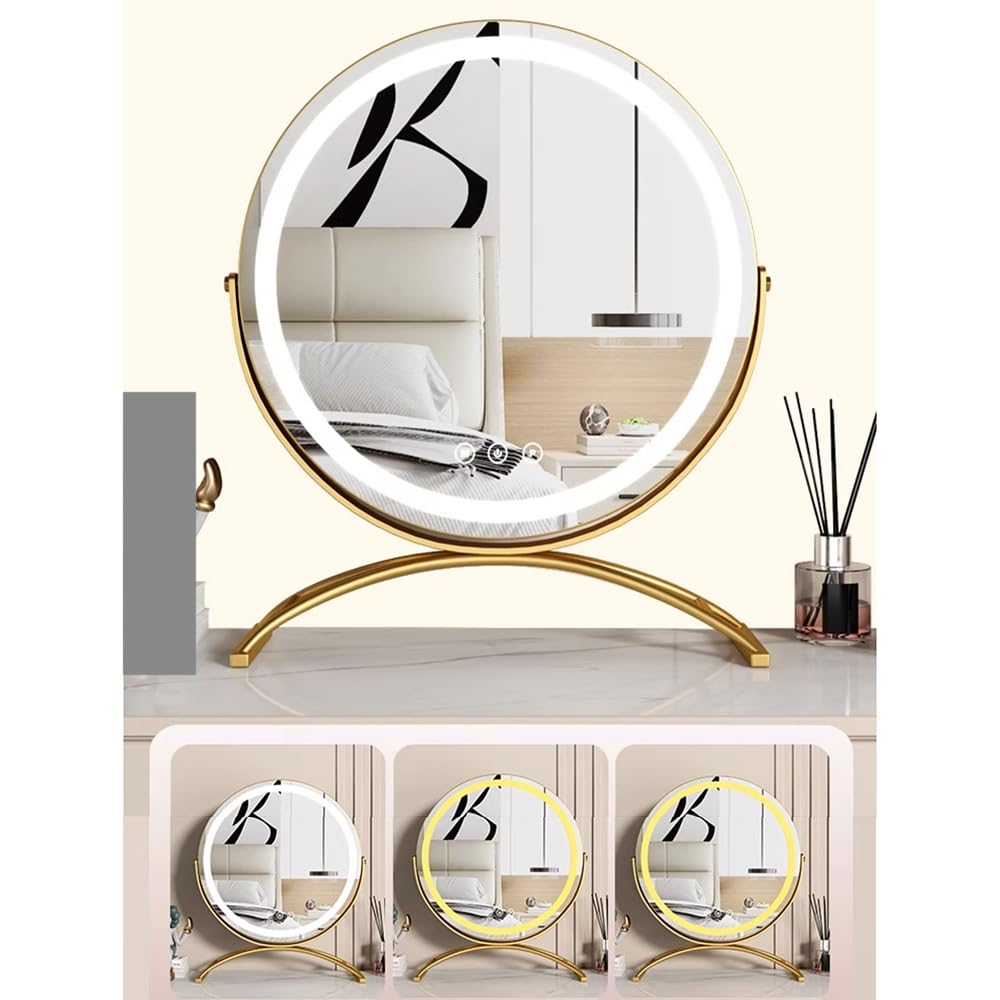 Espejo de maquillaje giratorio de 360° con iluminación HD, espejo cosmético con control táctil inteligente, 3 colores de atenuación de metal e (30 x 36 cm) – T para amantes