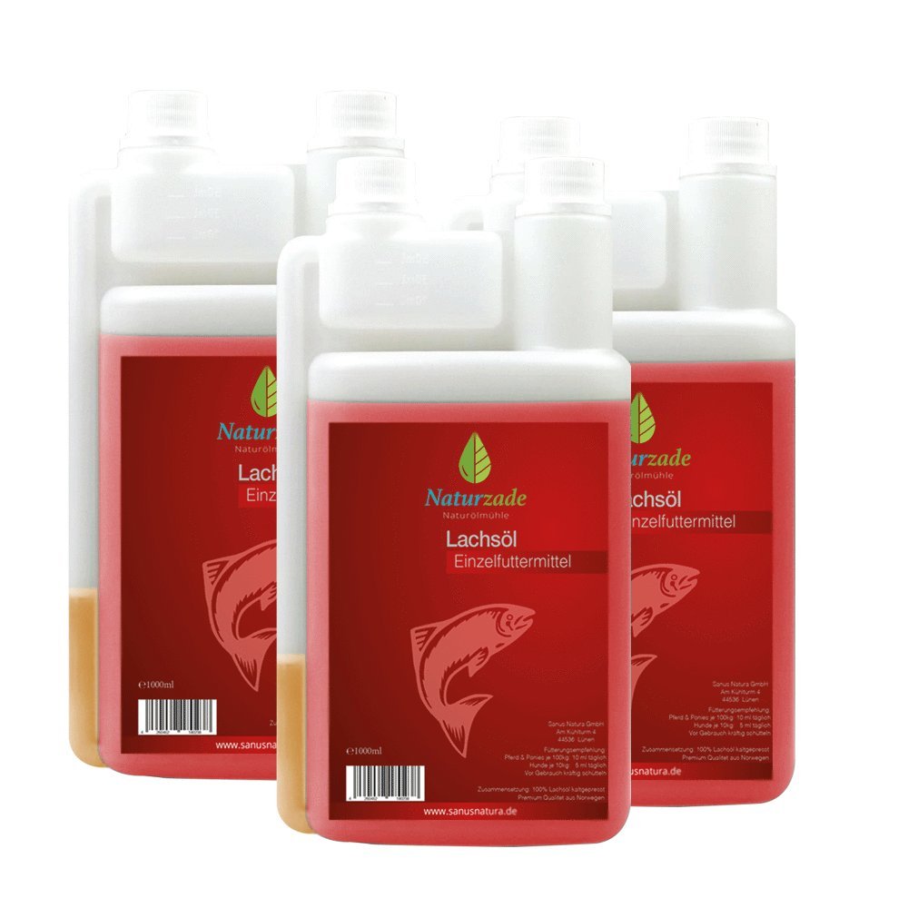Naturzade Lachsöl 3 Liter (3X 1L) Dosierflasche für Hunde & Pferde mit Omega 3 und Omega 6 Fettsäuren, Fischöl Barföl