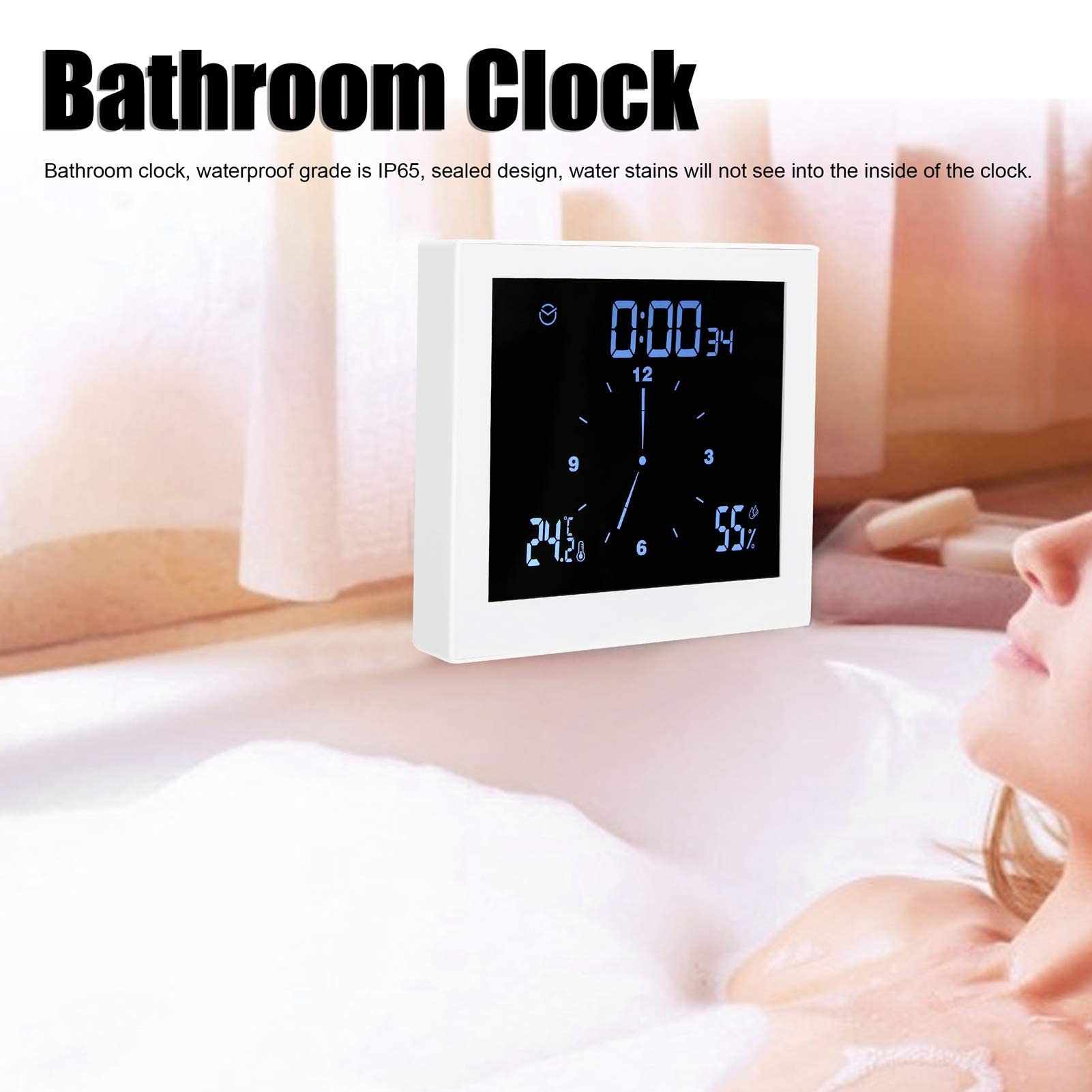 Ejoyous Reloj Pared con Termometro, Impermeable IP65 Reloj de Ducha Digital LCD Reloj de Ducha ℃ / ℉ Temperatura/Reloj de baño con función de Alarma y Temporizador de Cuenta atrás(Blanco)