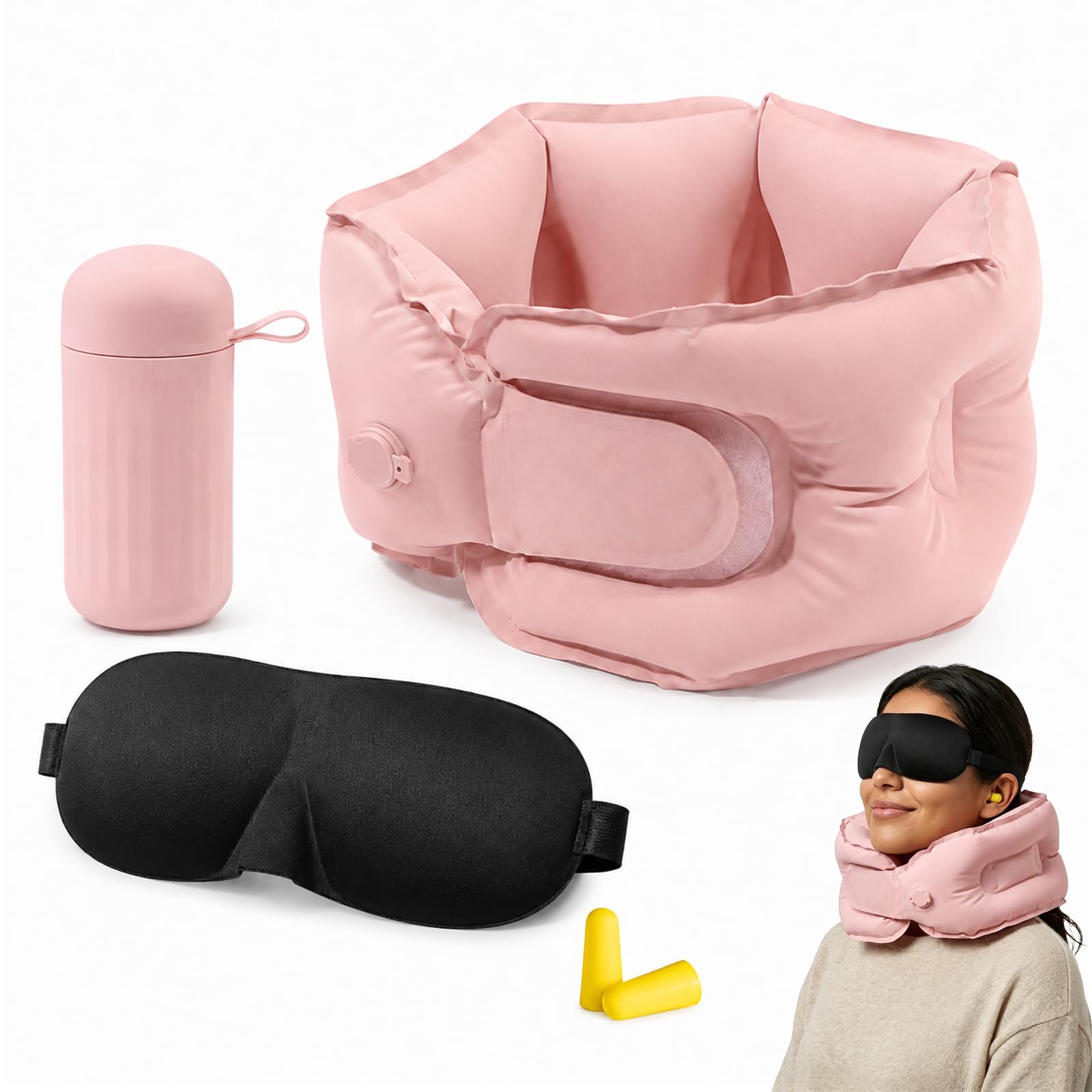 Almohada Inflable de Viaje, Almohada de Viaje para Cuello, con Vendas para Ojos y Tapones para Oídos, Suave y Portátil, Soporte Cervical Ergonómico 360°, Almohada para Avion (Rosa)