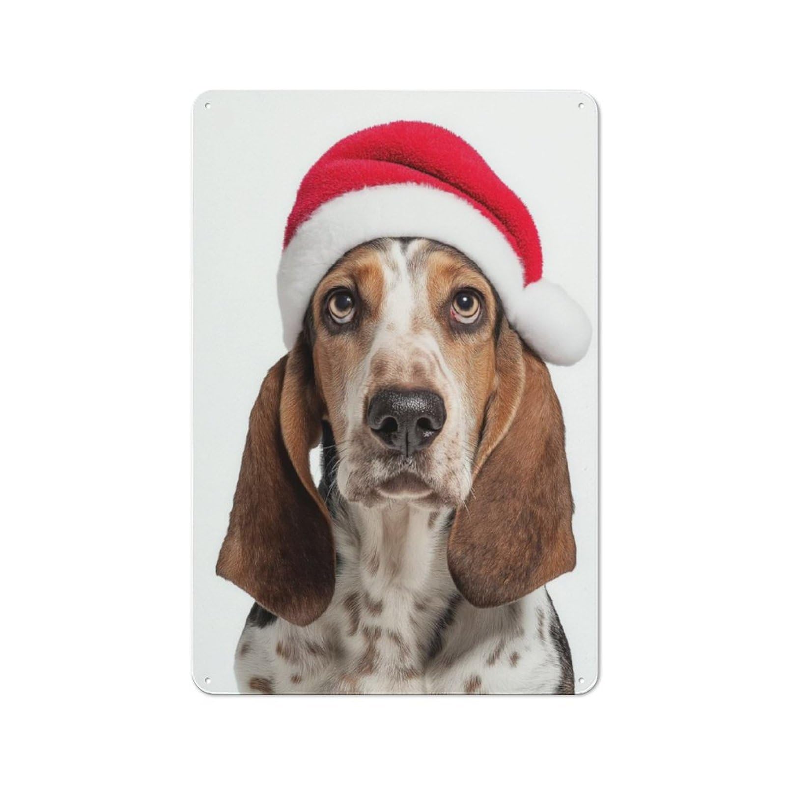 Junmoney Basset Hound Dog With Santa Hat Tin Wall Plaque 30X20cm With For Hobby Room Or Studio, For Metal Sign Collectors, For Kitchen And Home Bar Decor