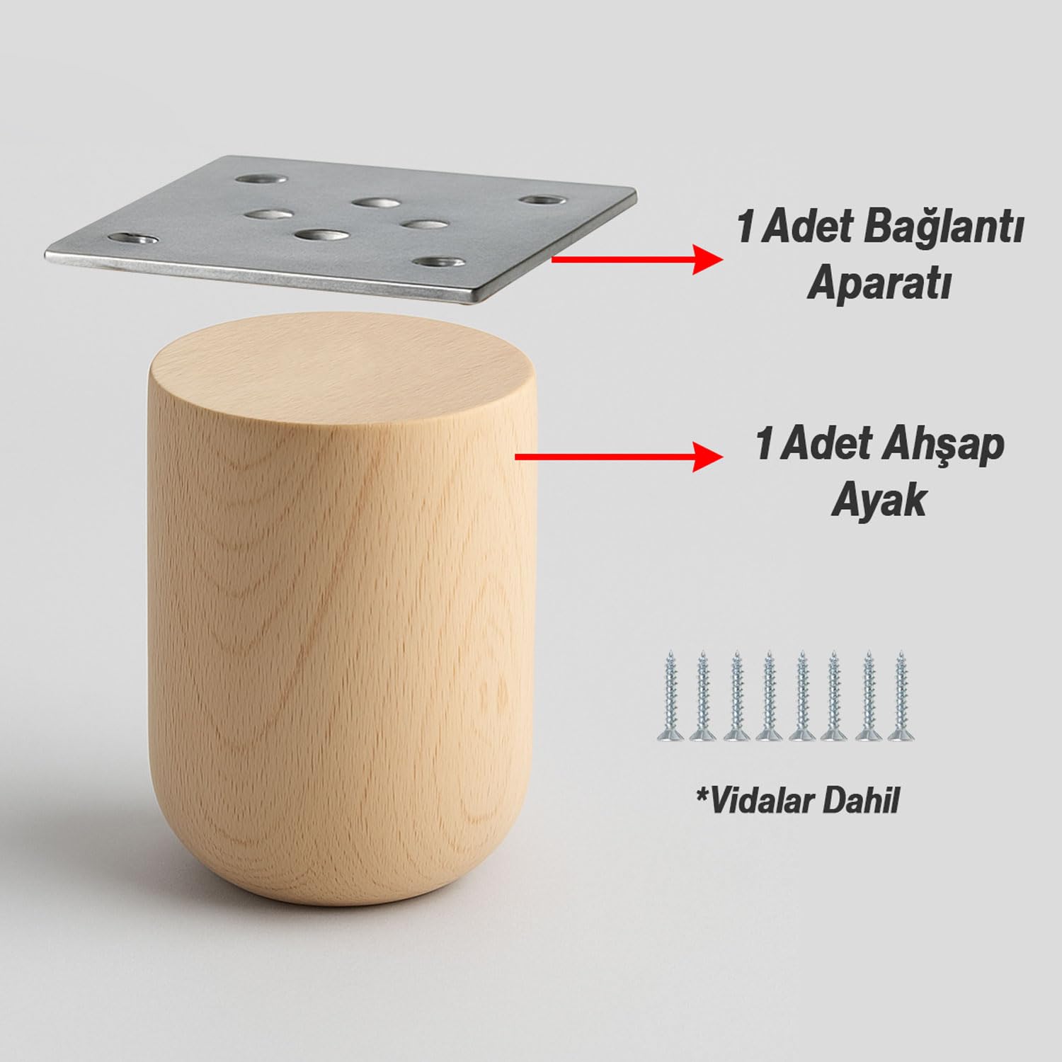 Bohem 10 cm Doğal Ahşap Ayak Boyasız Ham Silindir Mobilya Koltuk Kanepe Ayağı Metal Aparat Dahil