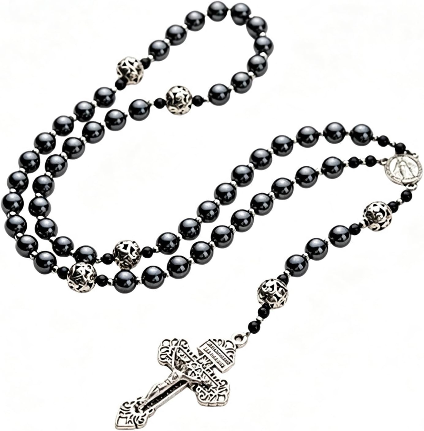 Matte Hematite Rosary Necklace for Men Women, Stainless Steel Catholic Crucifix Prayer Beads with Velvet Pouch
