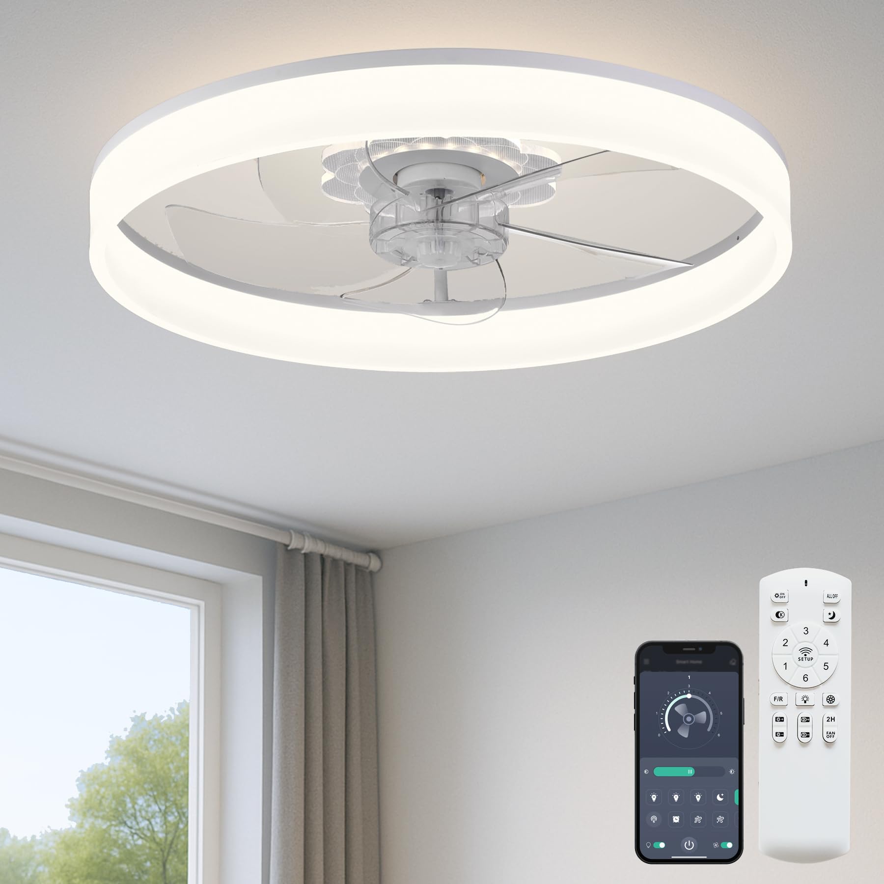 20'' ceiling fan with light, upgraded low profile fan, flush mount ceiling fan, 6 speeds, dimmable led, app & remote control, quiet dc motor, for bedroom, living room, f116 white