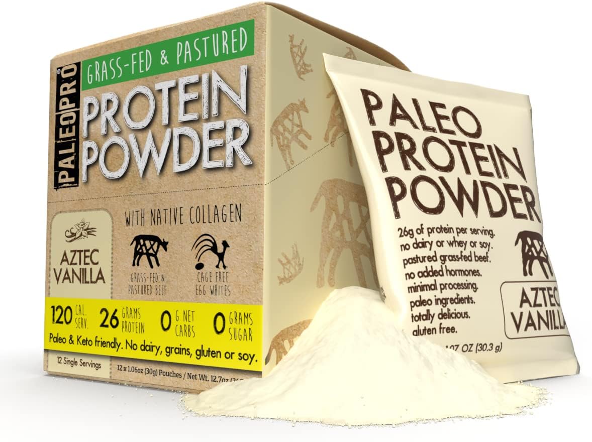 PaleoPro Protein Powder, Gluten Free, Dairy Free, Whey Free, Soy Free, No Added Hormones, Pastured Grass-fed Beef, Minimally Processed Paleo Ingredients, 1.07 Ounce (Pack of 12), Aztec Vanilla