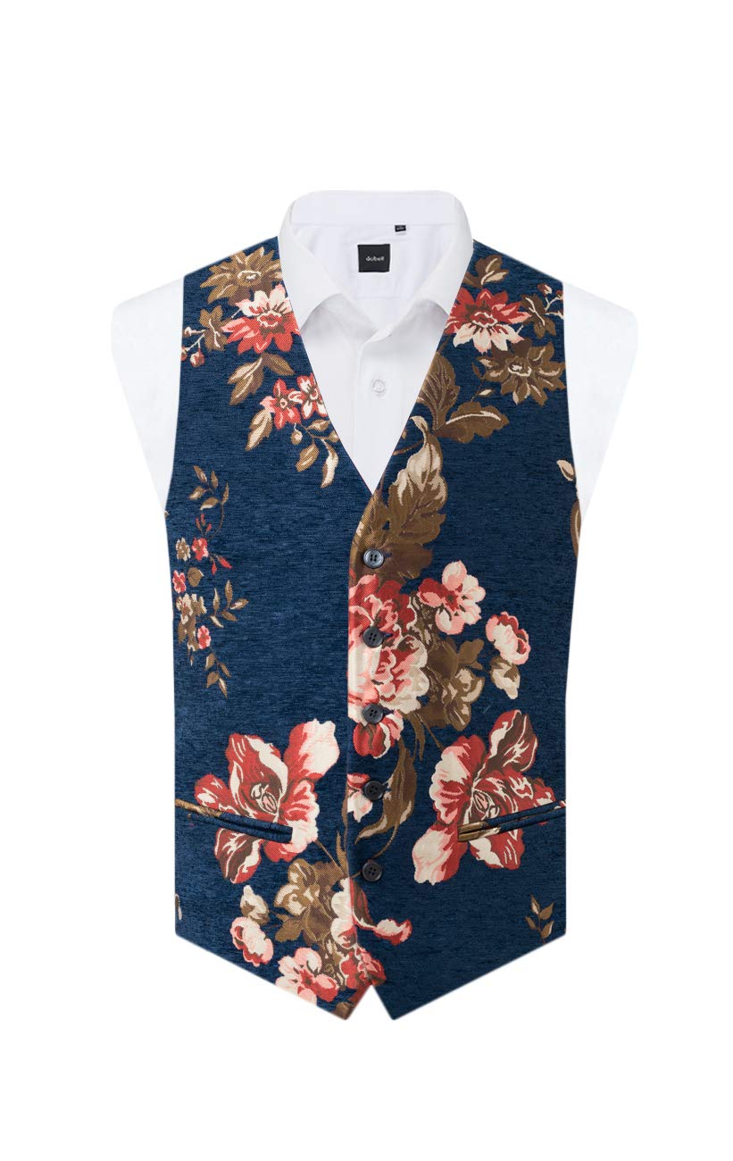 DobellMens Blue Floral Brocade Vest Regular Fit 5 Button