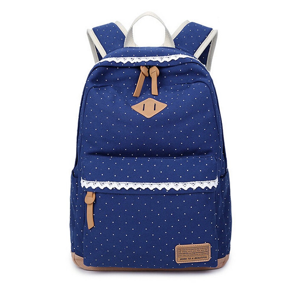 UltraGoodTeenage Girls Canvas School Bag, Causal Light Weight Polka Dot Backpack, Fashion Lace Racksack for 14 inch Laptop, Essential When Back to School (Deep Blue)