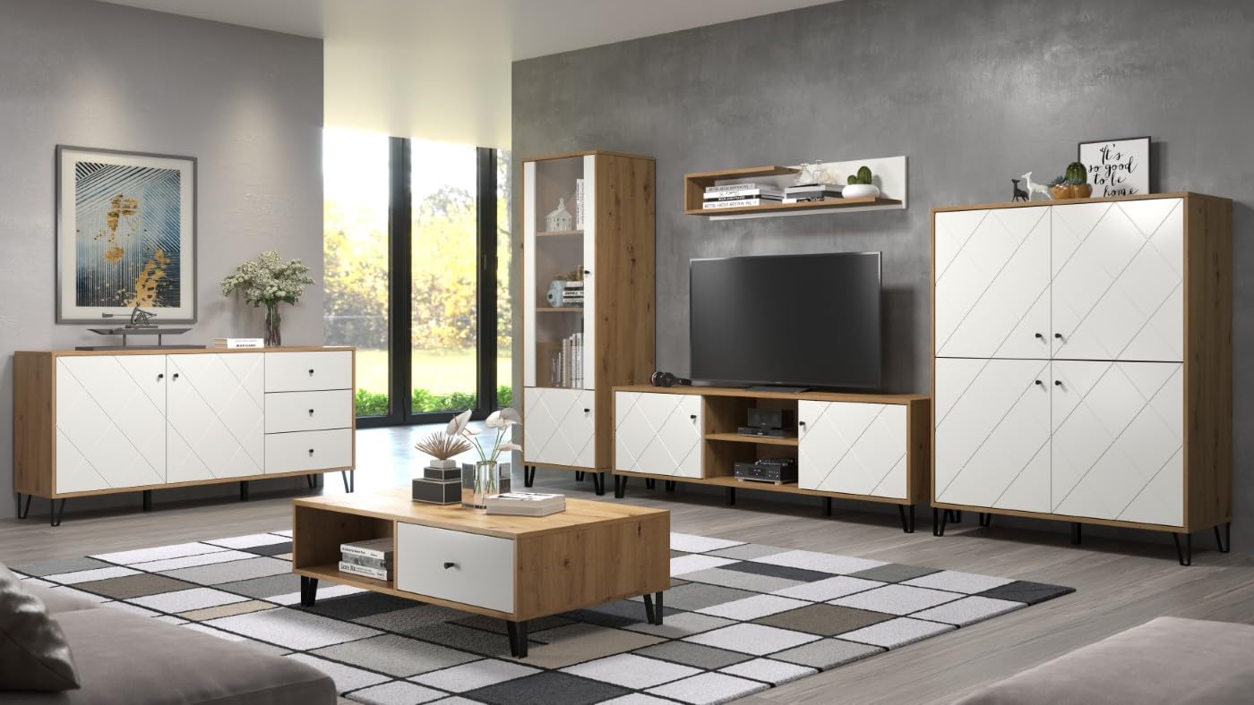 trendteam smart living - Touch - Sideboard - Weiß/Eiche - Highboard mit 4 Türen und 3 Einlegeböden - Fronten mit dekorativer Fräsung - (BxHxT) 123 x 136 x 40 cm - extravagante schwarze Metallfüße