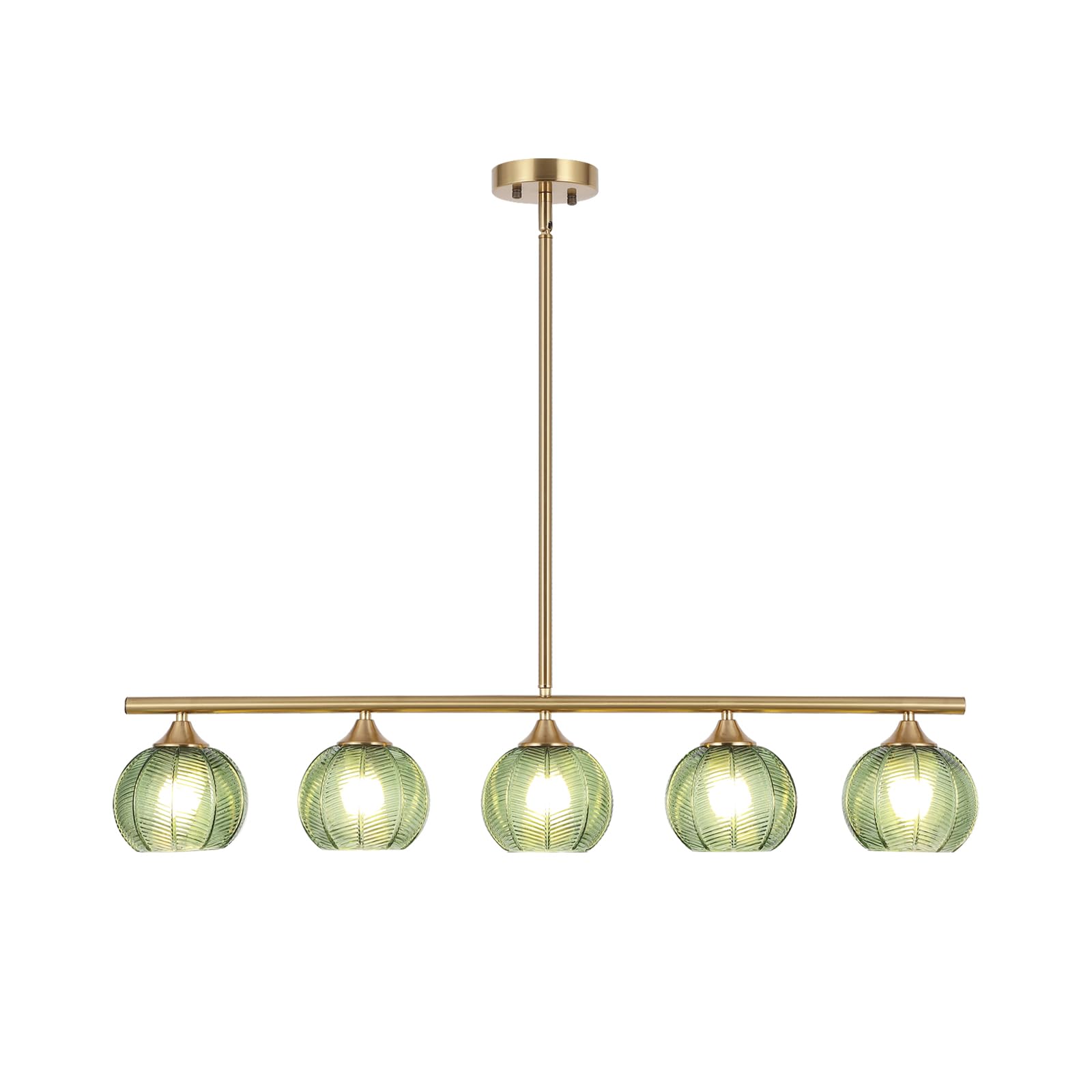 Modern Brushed Brass Linear Chandelier Green Striped Glass Shade 5-Lights Gold Mid Century Sputnik Globe Pendant Light Farmhouse Ceiling Hanging Light Fixture Dining Room Kitchen Island