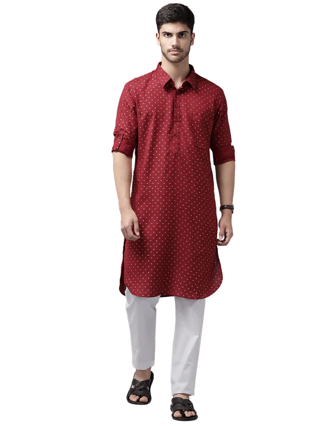 See Designs Men Maroon Regular Pure Cotton Pathani Printed Men's Kurta With White Salwar_Sdpkt114501Xs
