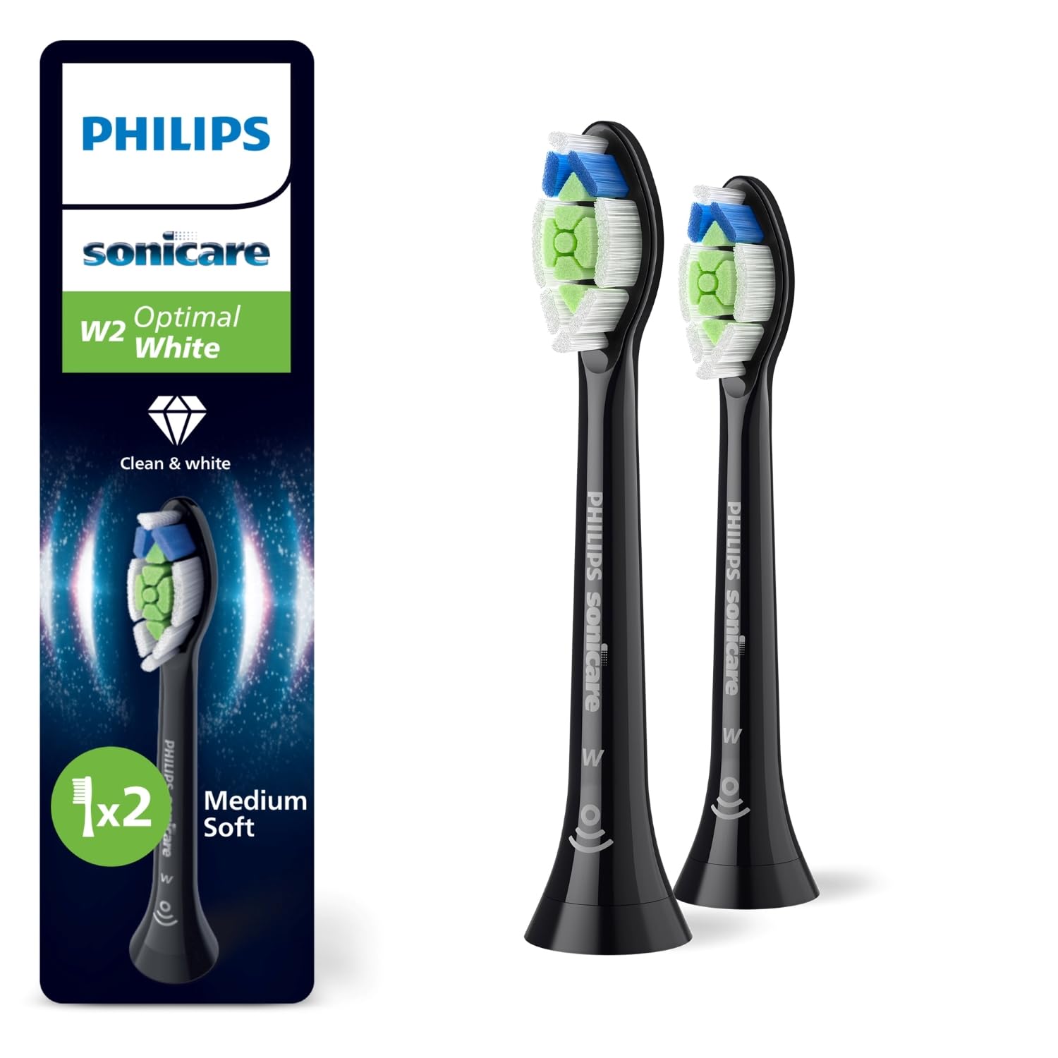 Philips Sonicare Optimal White Yedek Diş Fırçası Başlığı, 7 Kat Daha Fazla Plak Temizliği, Orta Yumuşak Fırça Başlığı, 2’li Paket, Siyah, HX6062/88