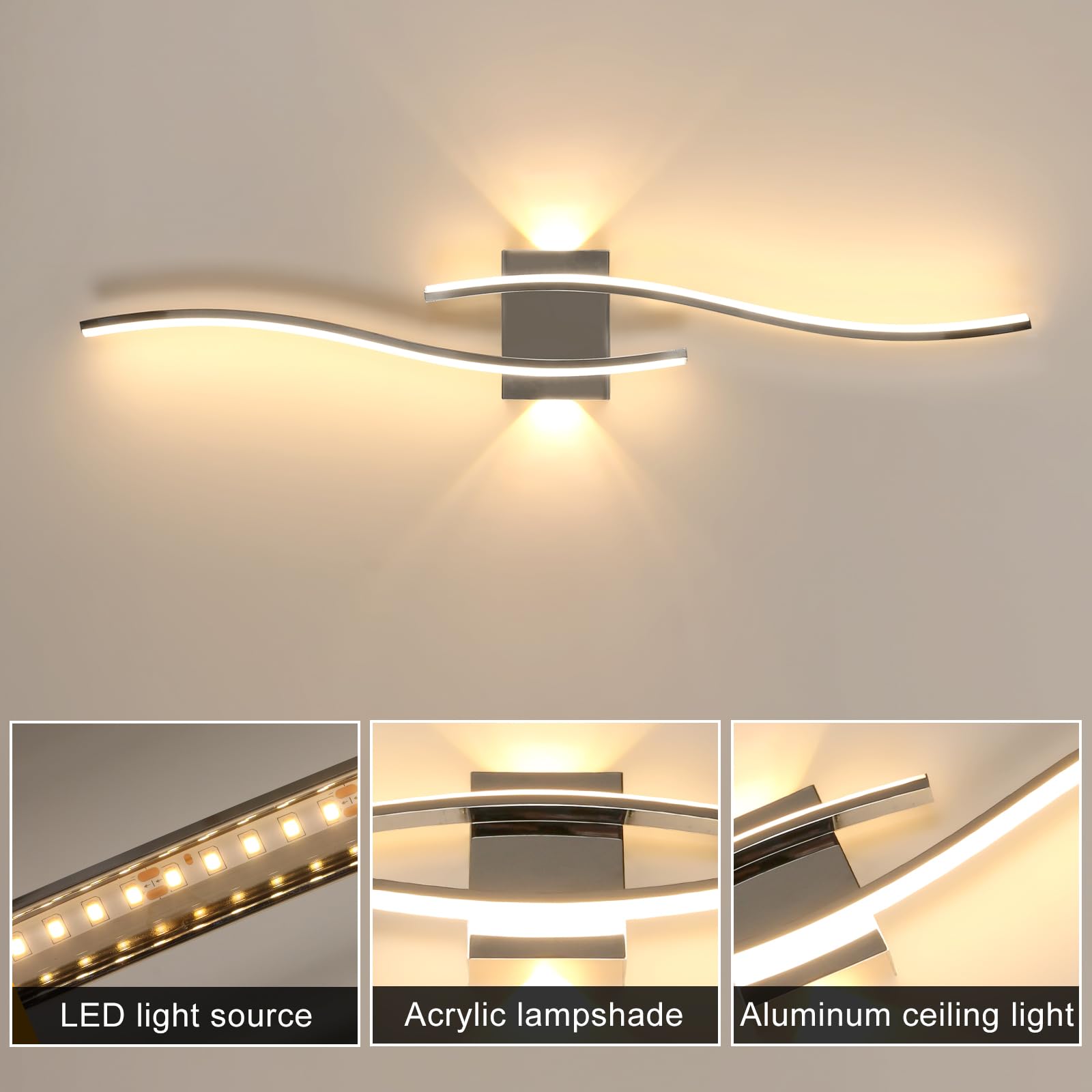 Comely Wandlampe Innen LED Moderne, Wandleuchte up and down 27W 3000LM, Gebogene Design Wandleuchten Silber für Wohnzimmer Schlafzimmer Treppenhaus Flur, Warmweiß 3000K