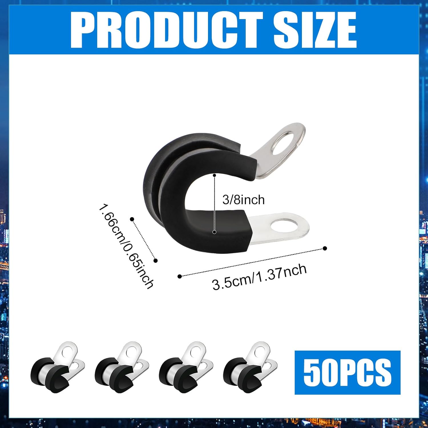 50pcs 3/8 Inch / 0.95cm Cable Clamps Metal, Stainless Steel Insulated Clamp Wire Organizer Clips Mounting Cord Fastener Clips Rope Clamp P Clips Pipe Sturdy Clamp Tubing Loop Hose Clamps