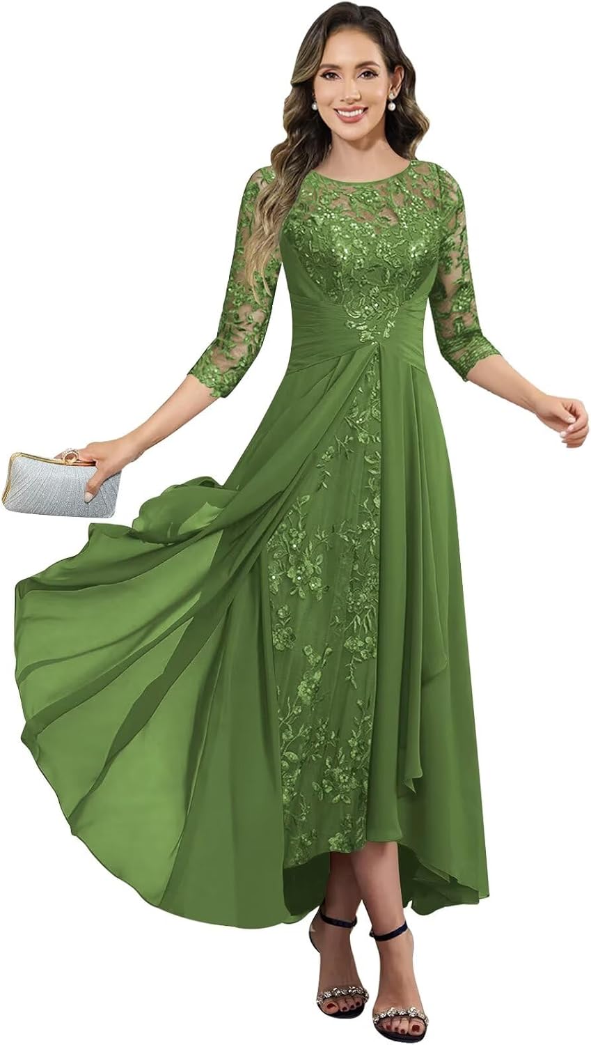 Chiffon Lace Appliques Mother of The Bride Dresses for Women Tea Length 3/4 Sleeve Beaded Formal Wedding Guest Dress