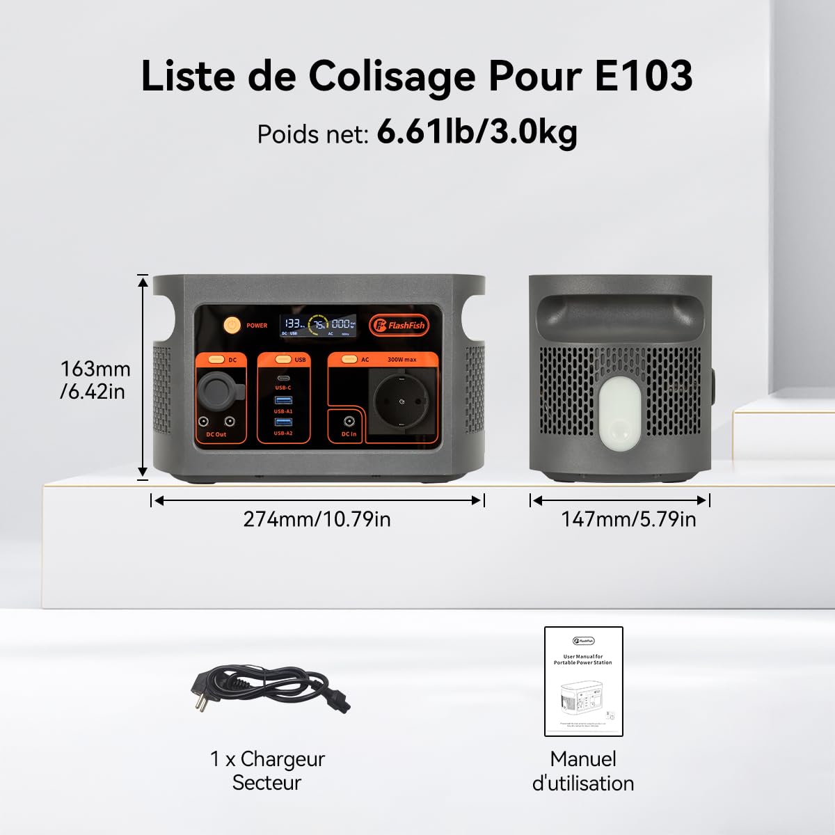 FlashFish 300W Generateur Electrique Portable avec Panneau Solaire 100W, 179,2Wh Batterie LiFePO4, Charge Rapide de 0 à 80% en 1H, Fonction EPS, Station Électrique pour Camping, RV, Voyages, Urgence
