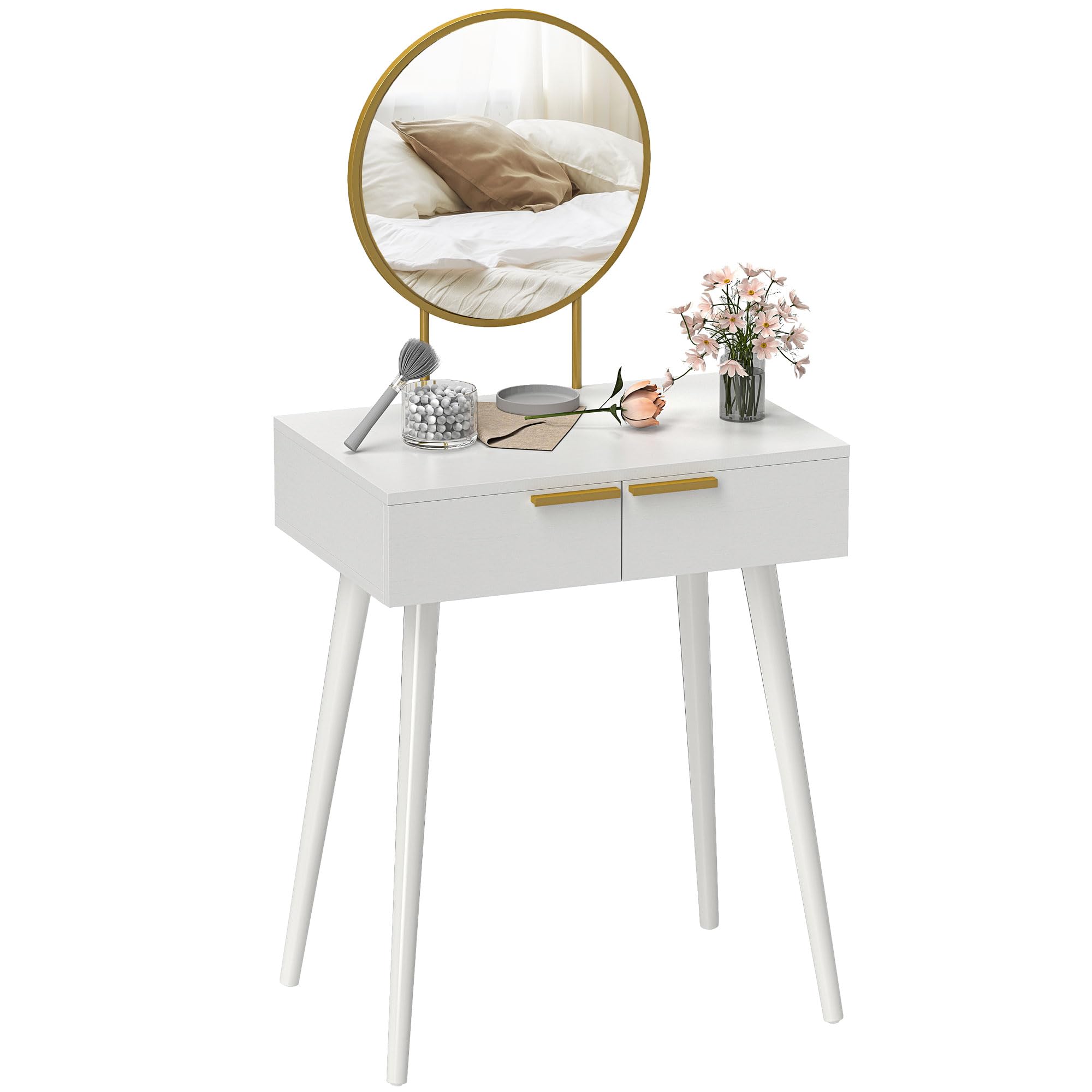 HOMCOM Modern Dressing Table with Round Mirror, Makeup Vanity Table with 2 Drawers for Bedroom, Living Room, 60 x 40 x 123 cm, White โ image 1