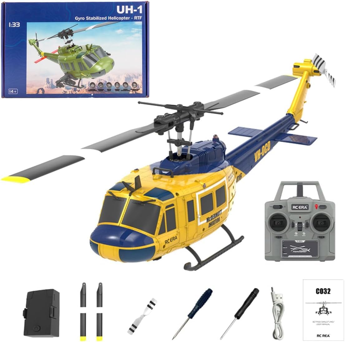NBJIALIN RC ERA C032 UH-1 Huey Helicopter - Remote Control Helicopters for Adult, 1/48 Sacle 2.4G 6CH Gyro Stabilized Aircraft with Altitude Hold & Optical Flow,3D Stunt Drone (Yellow)