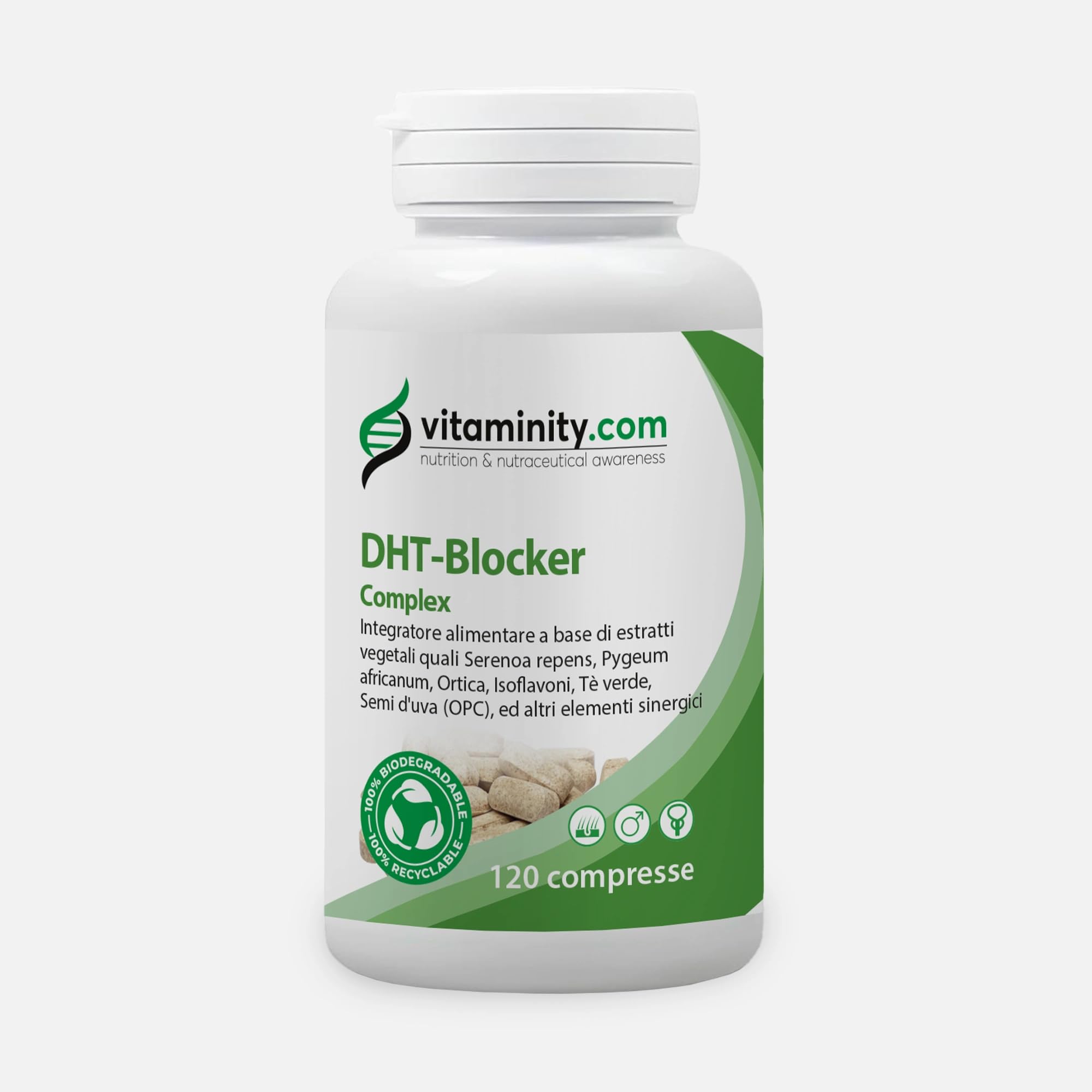 Vitaminity DHT Blocker - Integratori per capelli con serenoa repens e ortica 120cpr gastroprotette, Anticaduta capelli donna e uomo, anti DHT, Constrasta la Caduta - Made in Italy