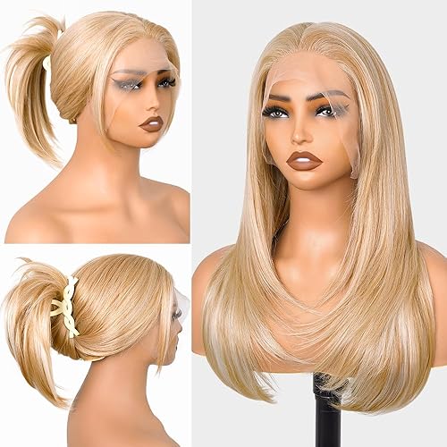 Blonde Lace Front Wig Pre Plucked Synthetic 13x6 Lace Frontal Wig HUMAN-HAIR-TOUCH Glueless Highlight Blonde Wig Long Layered Straight Wig for Women 22 Inch