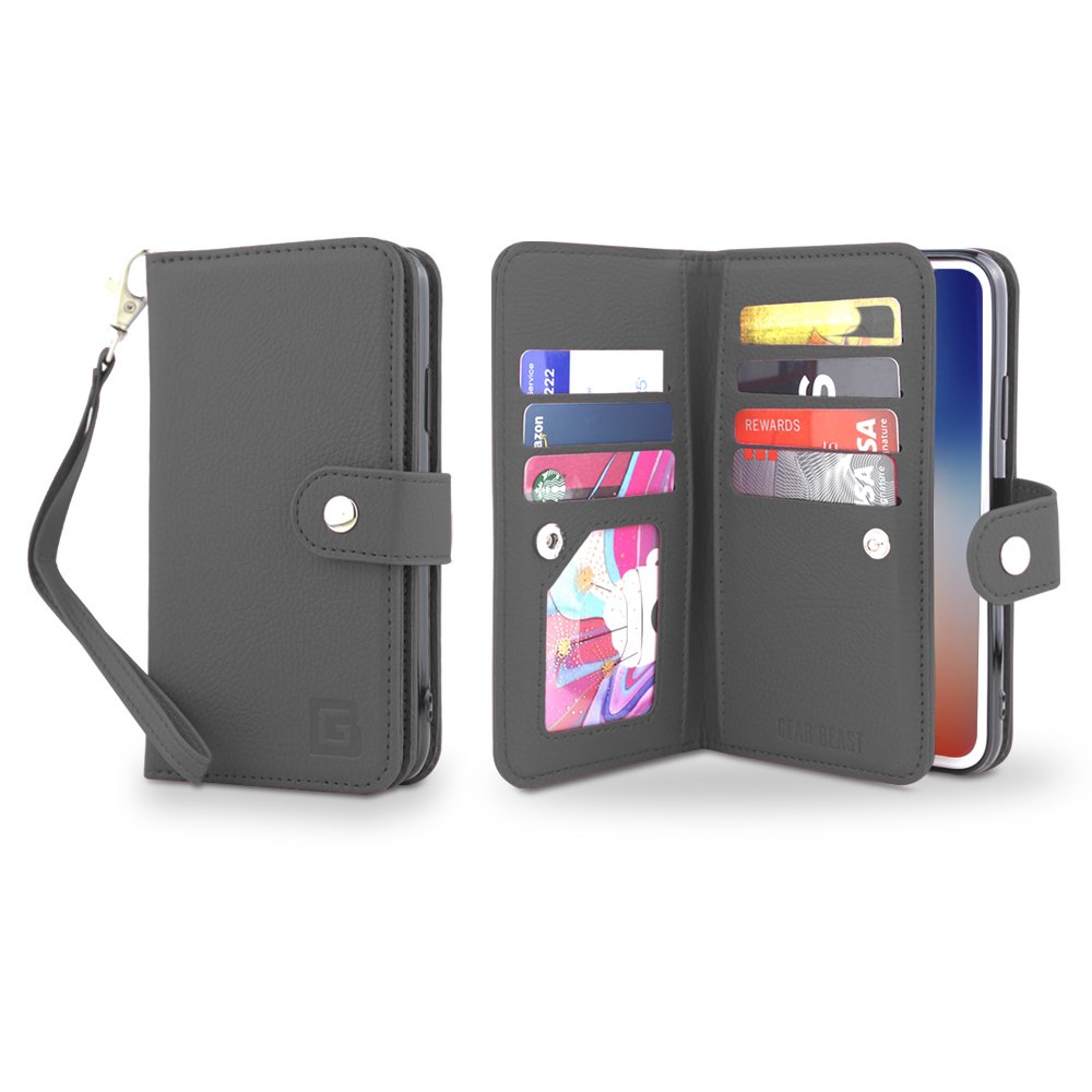 Gear Beast Flip Cover Dual Folio Case fits iPhone Xs/X Wallet Case Slim Protective PU Leather Case 7 Slot Card Holder Including ID Holder 2 Inner Pockets Stand Feature Wristlet for Men and Women