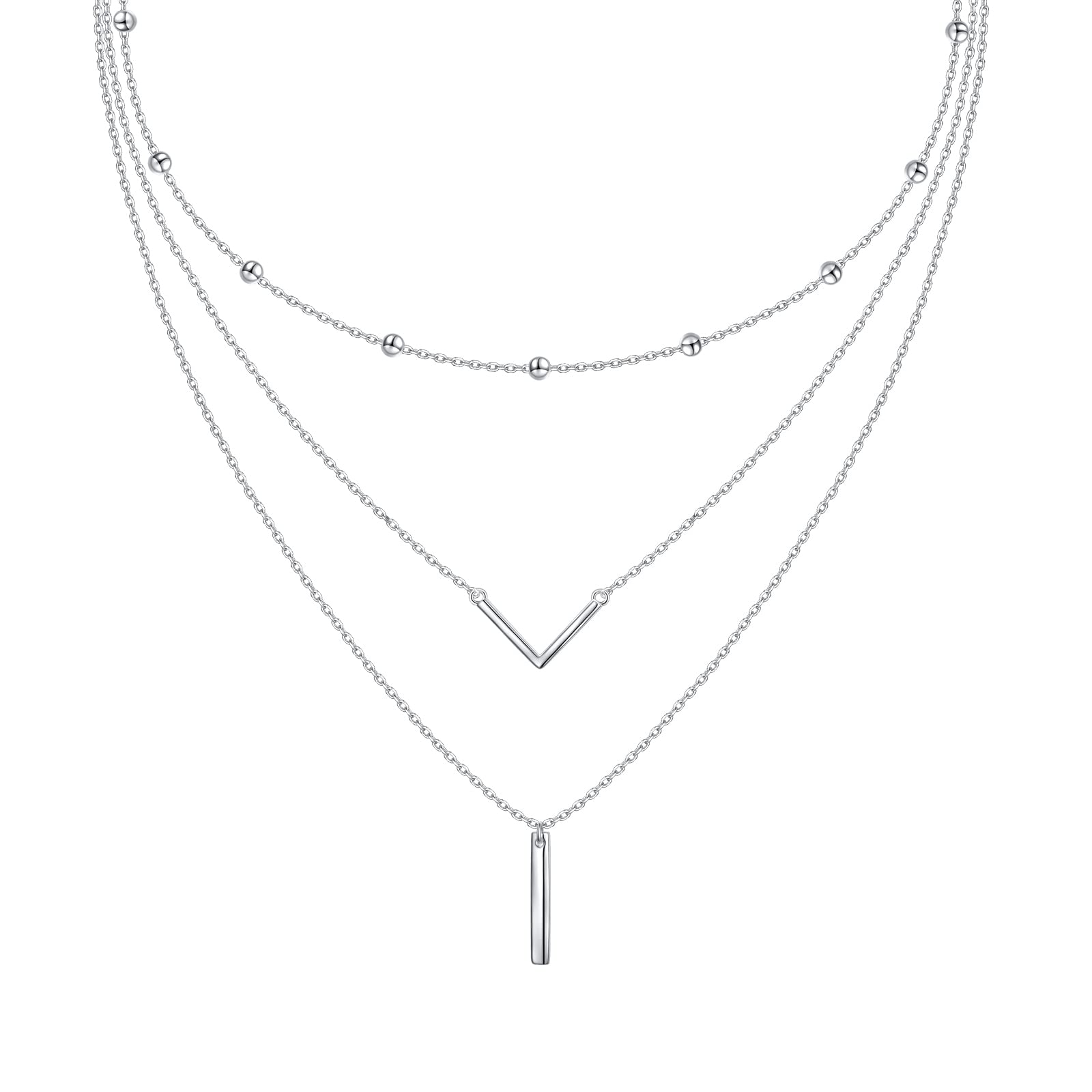 DAOCHONG S925 Sterling Silver Triple Layer Pendant Choker Necklace for Women 16"+2"