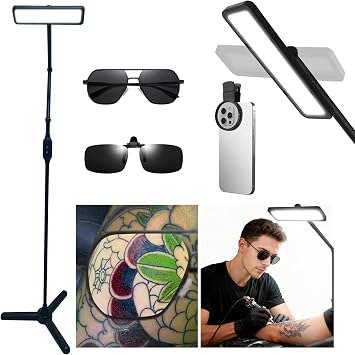 Polarized LED Floor Lamp for Tattoo Artists, Anti-Glare Work Light with 5-Level Dimmable Brightness & Memory Function, Reduces Reflection on Skin for Outstanding Clarity & Detail