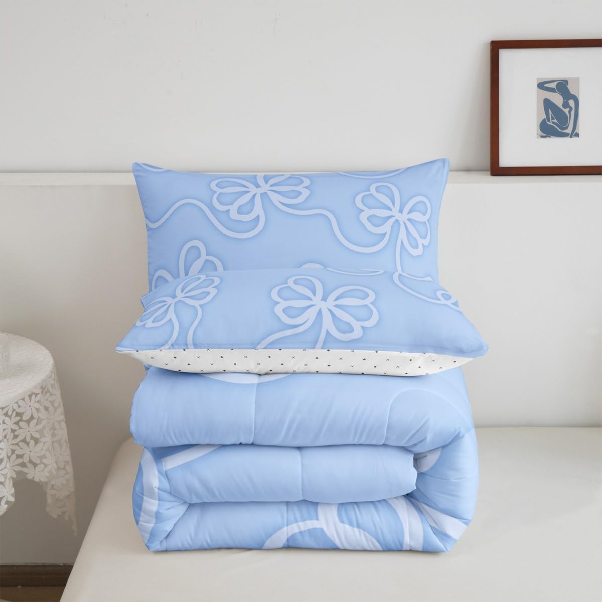Feelyou Bow Bedding Set Full Size Kids Bowknot Duvet Quilt for Boys Girls Teens Blue Bow Comforter Set Kawaii Strip Lines Room Decor