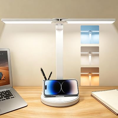 Lampe de Bureau LED pour Maison, Bureau et Chambre, Sans Fil Rechargeable, Tactile, Réglable, 3 Modes de Couleur, Porte-stylo, Support Téléphone, Petit Format