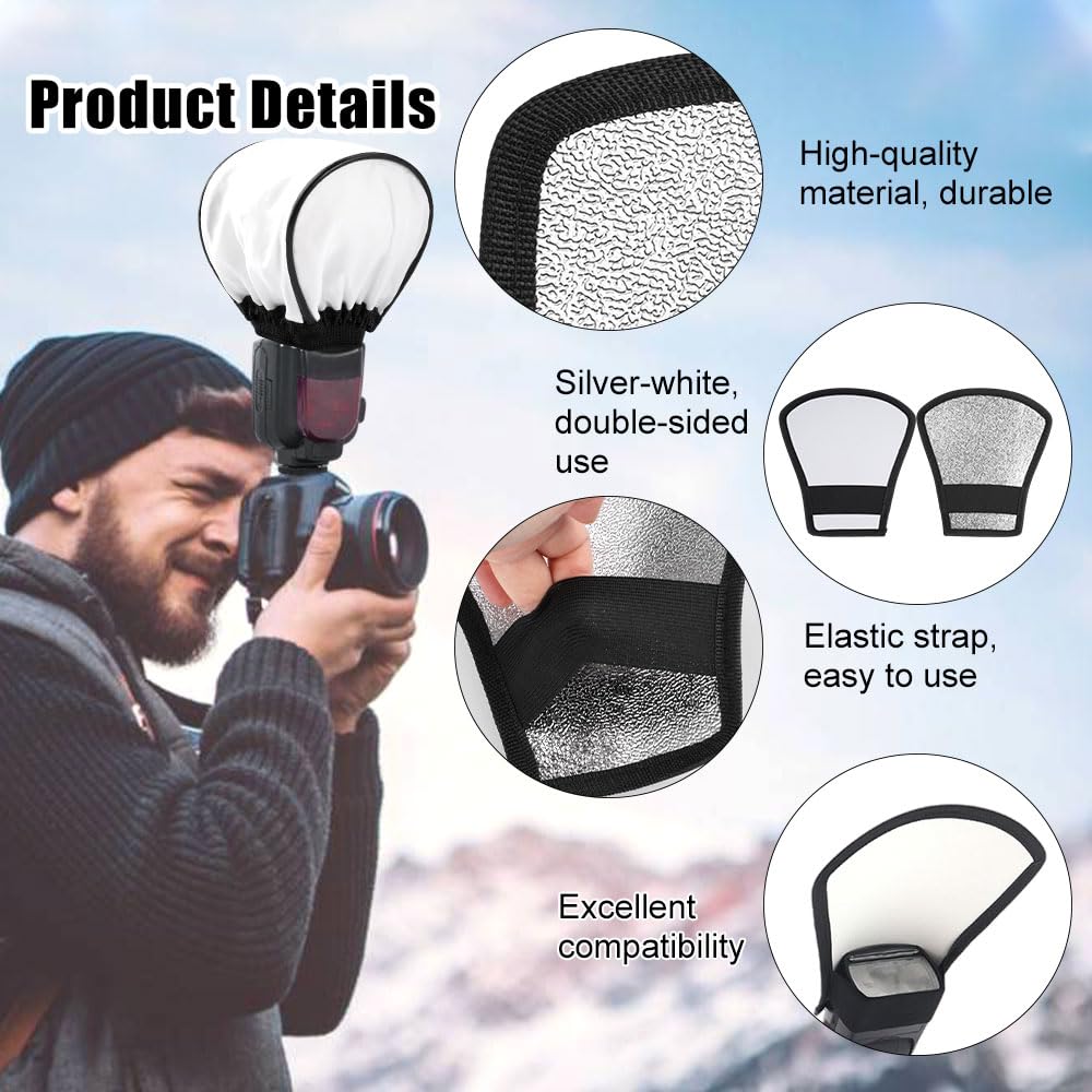 Uniwersalny dyfuzor błyskowy, 2 sztuki w 1, lampa błyskowa, 2 w 1, lampa błyskowa, softbox do lampy błyskowej, srebrny/biały reflektor z gumową taśmą, uniwersalne, do aparatu, studia